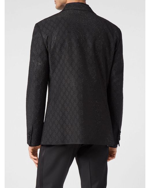 Philipp Plein Black Monogram Slim Fit Wool-Blend Blazer With Hexagon Logo for men