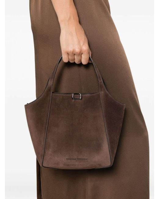 Brunello Cucinelli Brown Small Suede Handbag With Double Handle And Removable Strap