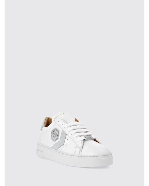 Philipp Plein White Leather Low-Top Trainers With Monogram Pattern And Hexagon Logo
