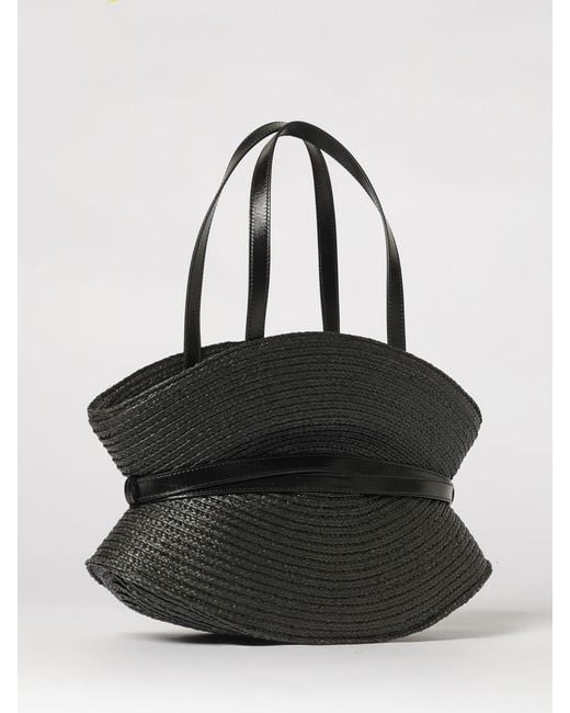 Balmain Black Shuffle Medium Raffia And Leather Bag