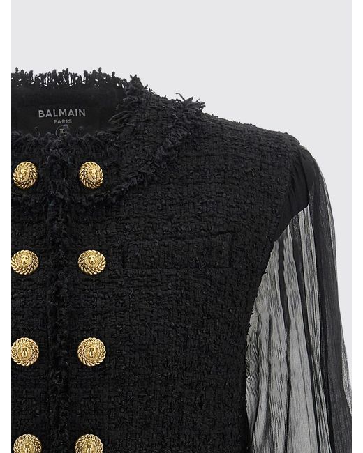 Balmain Black Cropped Tweed Spencer Jacket With Puff Sleeves And Frayed Details