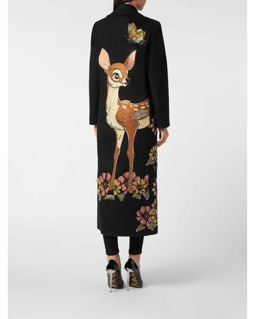 Philipp Plein Black Double-Breasted Wool And Cashmere Coat With Fauna Embroidery And Rhinestones