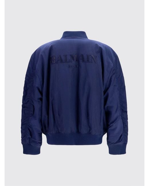 Balmain Blue Nylon Bomber Jacket With Zip Closure And Patch Pockets for men