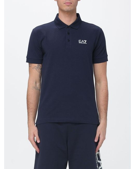 EA7 Blue Cotton Polo Shirt With Logo for men