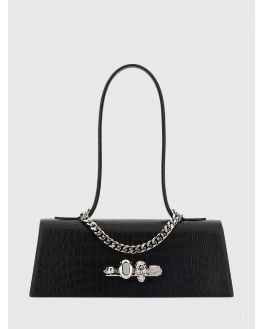 McQueen Black Jewelled Croc-Print Leather Bag