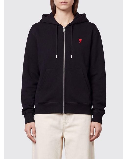 AMI Blue Cotton Zip-Up Hoodie With Embroidered Logo And Kangaroo Pocket