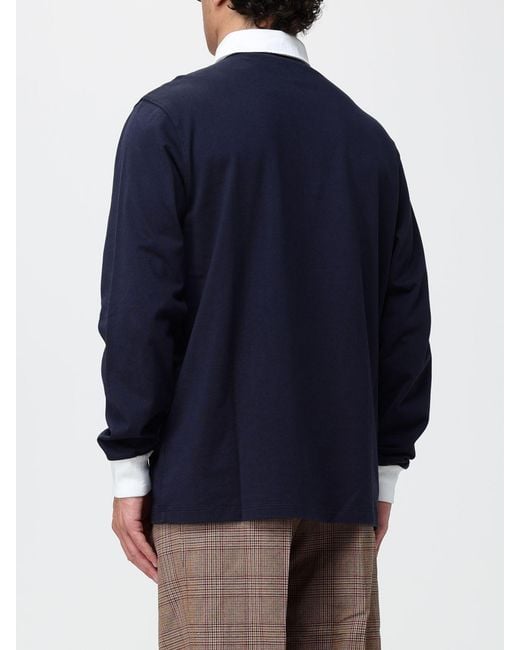 Drole de Monsieur Blue Striped Long-Sleeve Cotton Polo Shirt With Monogram for men