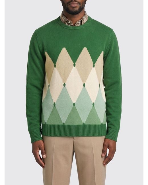 Ballantyne Green Argyle Cotton And Cashmere Blend Crew Neck Sweater With Slim Fit for men
