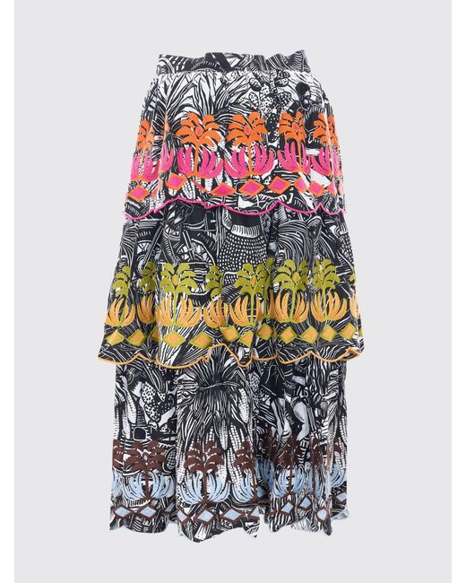 Farm Rio Multicolor High-Waist Tropical Print Embroidered Cotton Midi Skirt