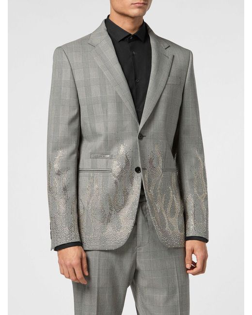 Philipp Plein Gray Prince Of Wales Wool Blazer With Applied Crystals for men