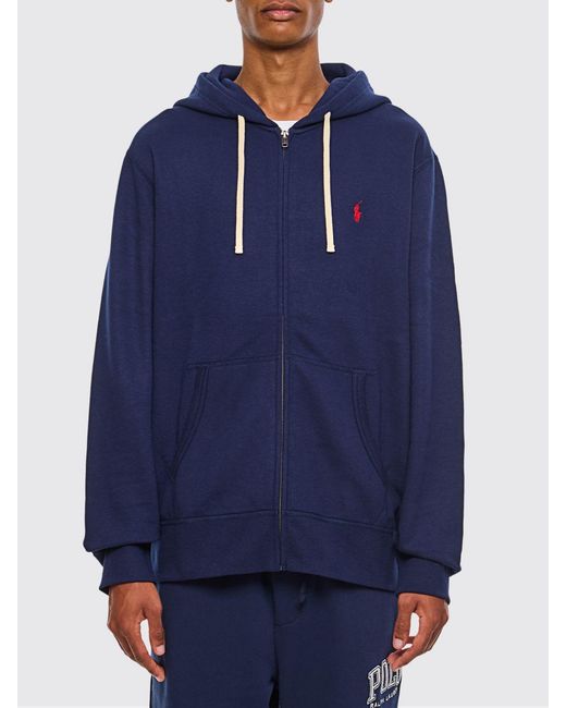 Polo Ralph Lauren Blue Cotton Blend Zip-Up Hoodie With Embroidered Pony Logo for men