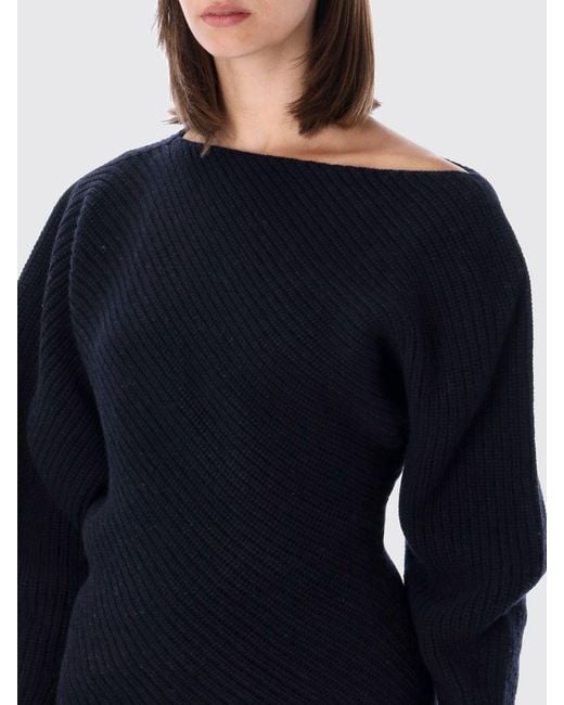Alberta Ferretti Blue Draped Wool And Silk Jumper With Asymmetric Neckline