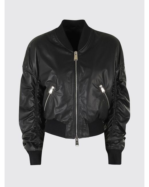 Dondup Black Cropped Synthetic Leather Bomber Jacket With Metal Zip Closure