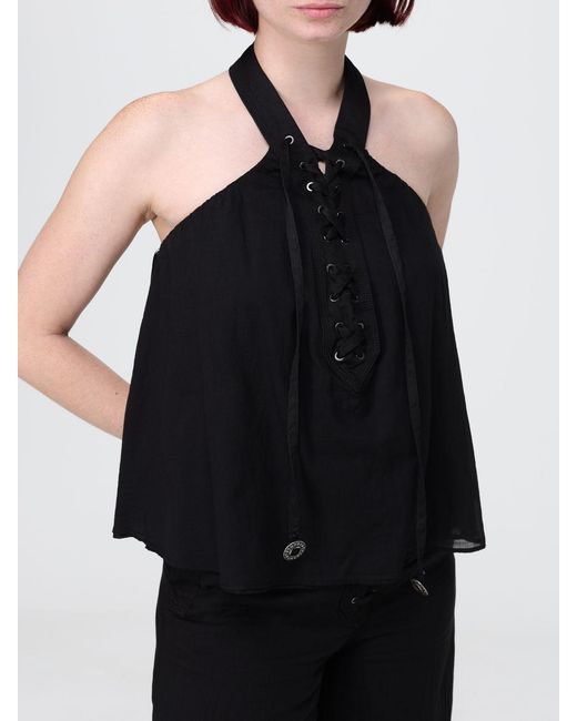 Pinko Black Cotton Halter-Neck Top With Braided Tie-Up Straps