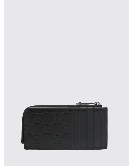 Gucci Black Gg Emblem Embossed Leather Card Holder for men