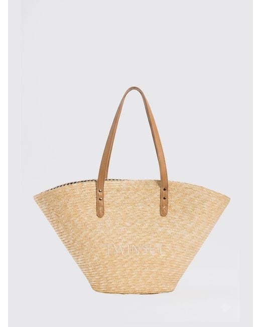 Twinset Natural Raffia Bag With Embroidered Logo