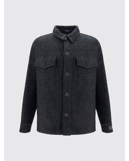 Balmain Blue Cotton-Blend Tweed Shirt Jacket With Patch Pockets for men