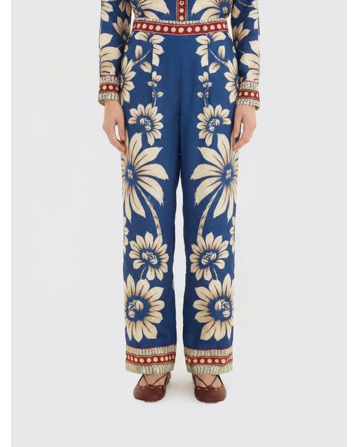 Farm Rio Blue Luna Floral Print Linen Blend Palazzo Trousers