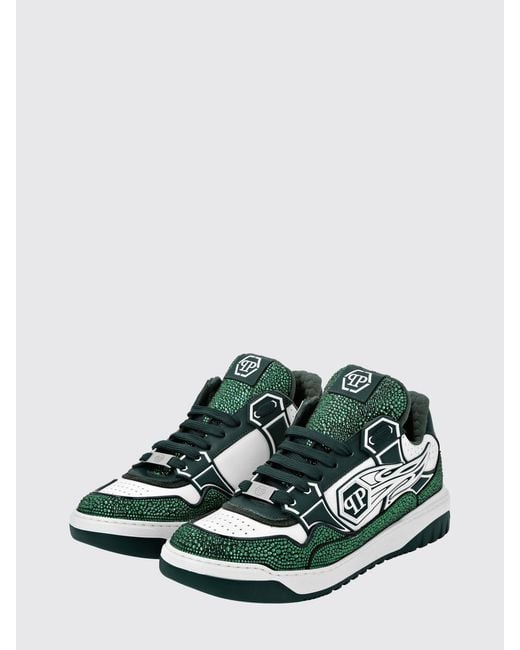 Philipp Plein Green Leather And Rubber Rhinestone Sneakers for men