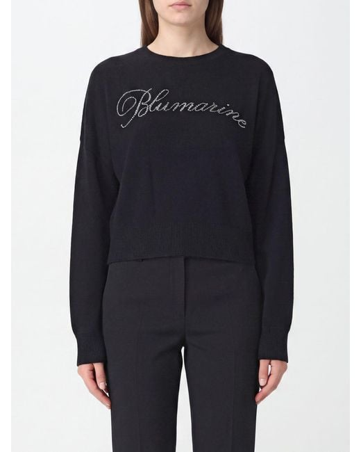 Blumarine Blue Rhinestone Logo Wool Crewneck Jumper With Dropped Shoulders