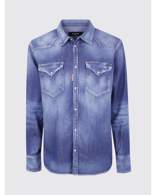 Camisa Slim Fit De Algodón Elástico Con Cuello Francés DSquared² de hombre de color Blue
