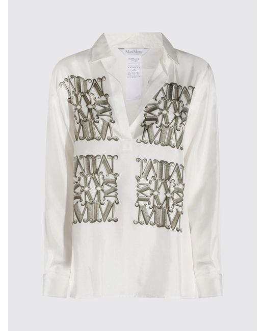Max Mara White Monogram Print Silk Shirt With Classic Collar