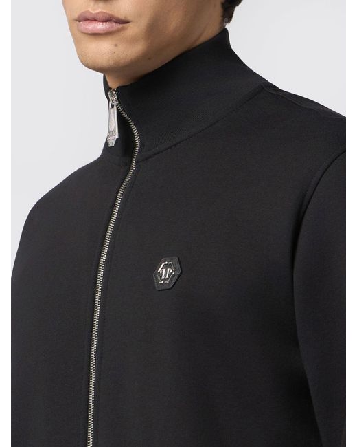 Philipp Plein Black Jersey Zip-Up Sweatshirt With High Neck And Skull Print for men