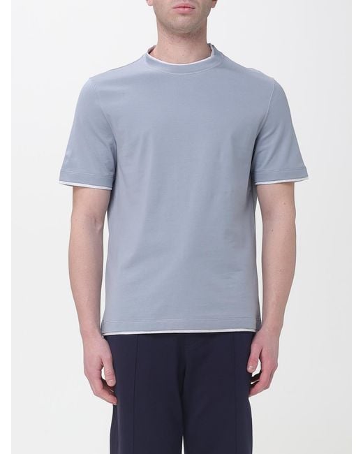 Brunello Cucinelli Blue Cotton Crew-Neck T-Shirt With Contrasts for men