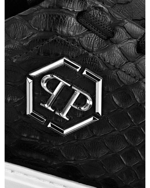 Philipp Plein Black Python Print Leather Sneakers With Hexagon for men