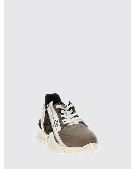 Fendi White Flow Leather And Canvas Sneakers With Jacquard Ff Monogram