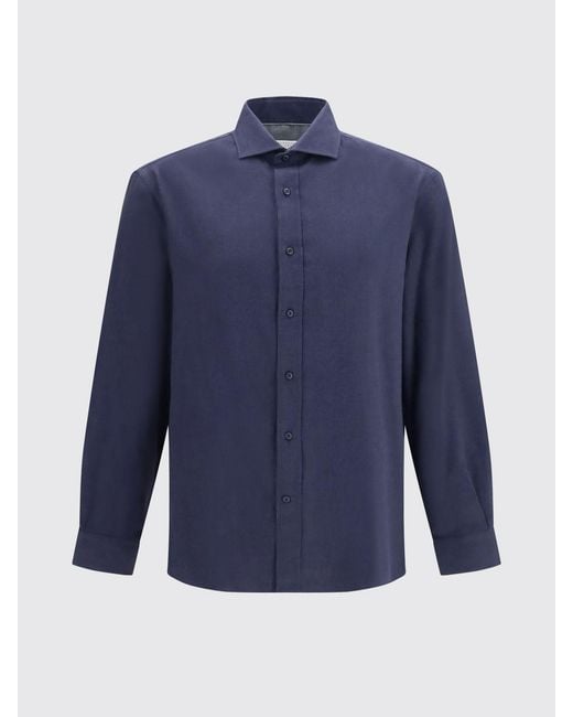 Brunello Cucinelli Blue French Collar Cotton Shirt With Long Sleeves for men