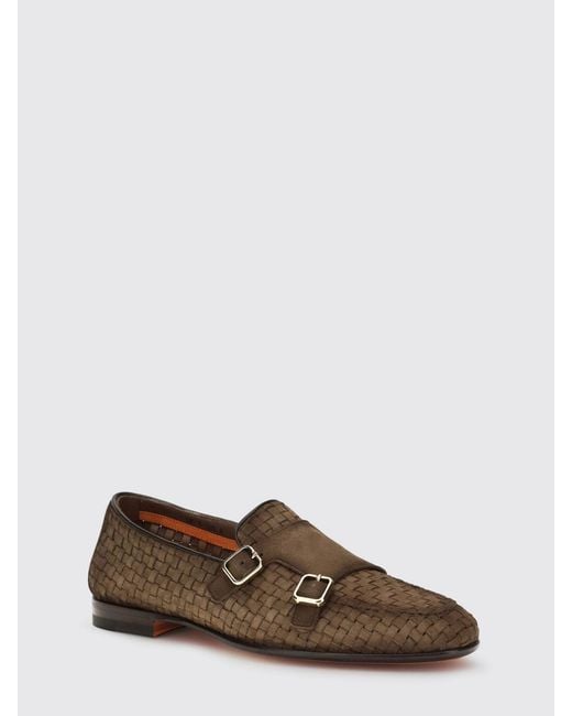 Santoni Brown Woven Suede Monk Strap for men