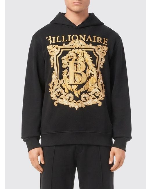 Billionaire Black Cotton Hoodie With Baroque Print for men