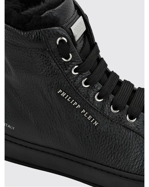 Philipp Plein Black High-Top Grained Leather Sneakers With Shearling Lining for men