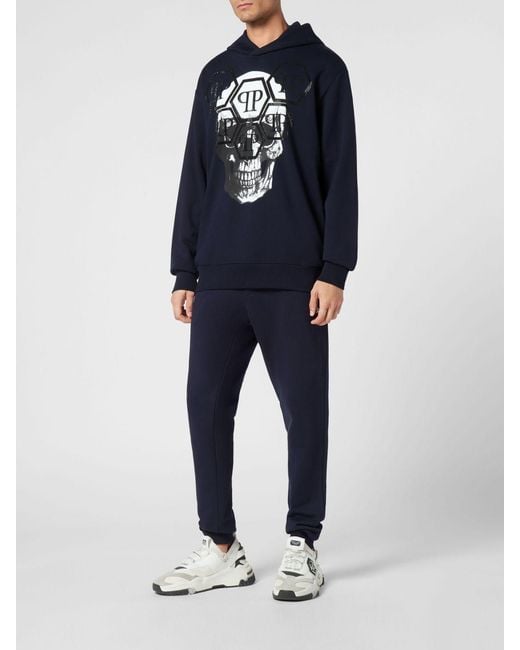 Philipp Plein Blue Cotton Hoodie With Skull Print And Rhinestone Logo for men