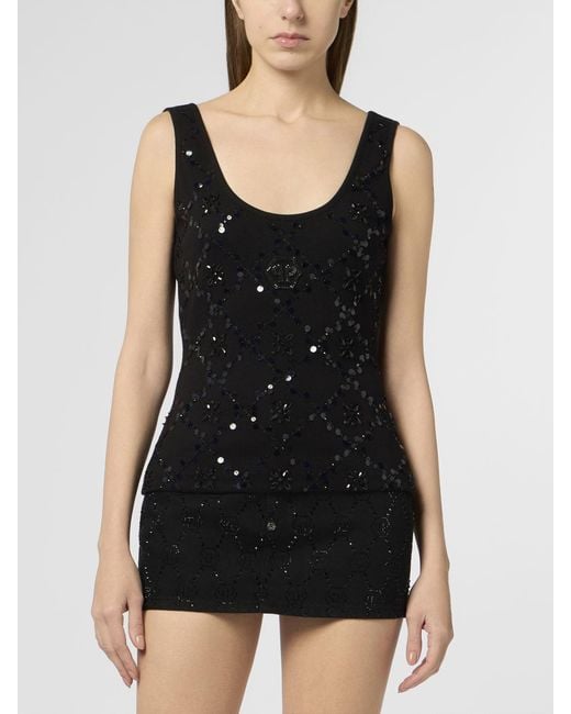 Philipp Plein Black Slim Fit Cotton Jersey Top With Rhinestone Hexagon Logo