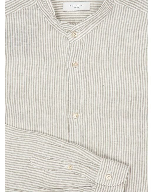 Boglioli Gray Striped Linen Slim Fit Shirt With Mandarin Collar for men