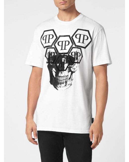Philipp Plein White Cotton T-Shirt With Skull Print And Rhinestone Hexagon Logo for men