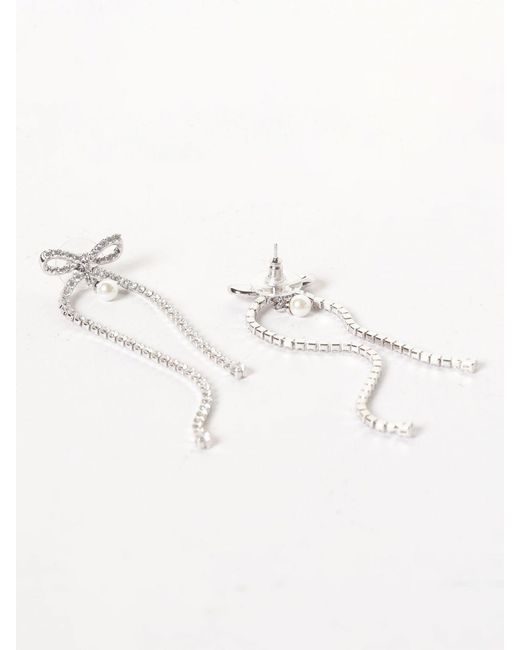 Self-Portrait Metallic Brass Drop Earrings With Rhinestones And Synthetic Pearls