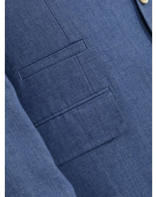 Brunello Cucinelli Blue Single-Breasted Linen Blazer for men