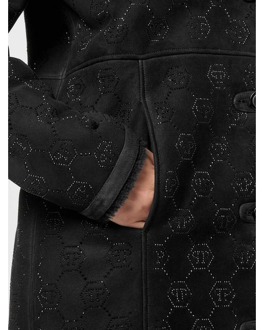 Philipp Plein Black Single-Breasted Shearling Coat With Rhinestone Hexagon Logo