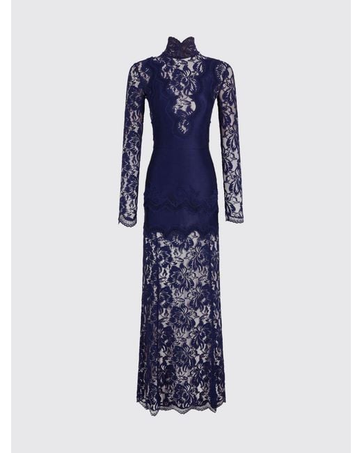 Rabanne Blue High-Neck Long Lace Sheath Dress