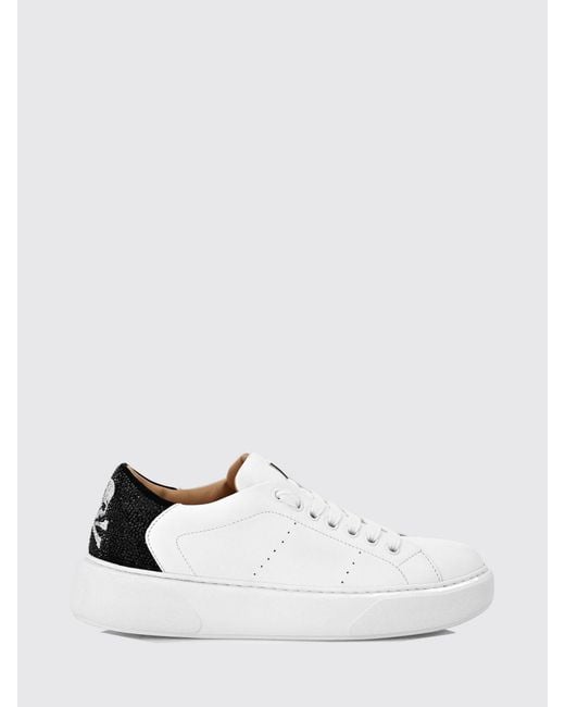 Philipp Plein White Low-Top Smooth Leather Sneakers With Skull Application And Rhinestones