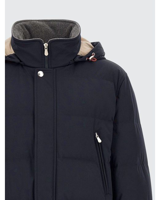 Brunello Cucinelli Blue Water-Repellent Nylon Parka With Removable Hood for men