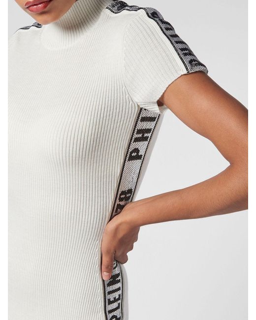 Philipp Plein White Ribbed-Knit Sheath Midi Dress With Rhinestone Embroidery