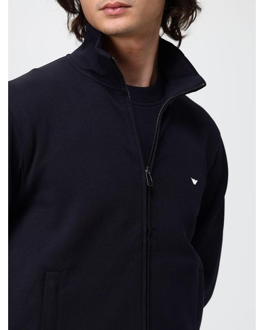 Emporio Armani Blue High Neck Cotton Blend Zip-Up Sweatshirt With Eagle Logo for men