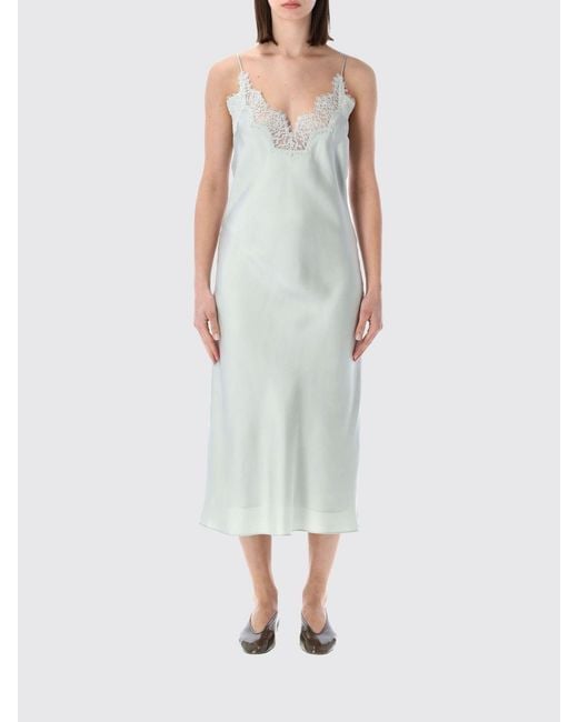 Rohe Green Silk Slip Dress With Lace Inserts