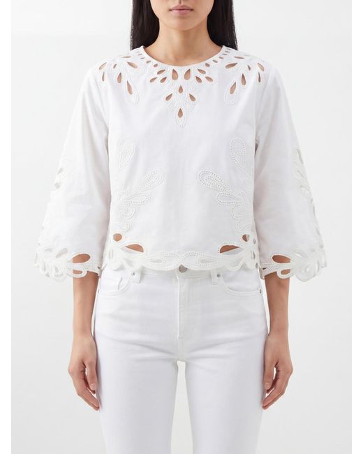 Antik Batik White Long-Sleeved Embroidered Cotton Blouse