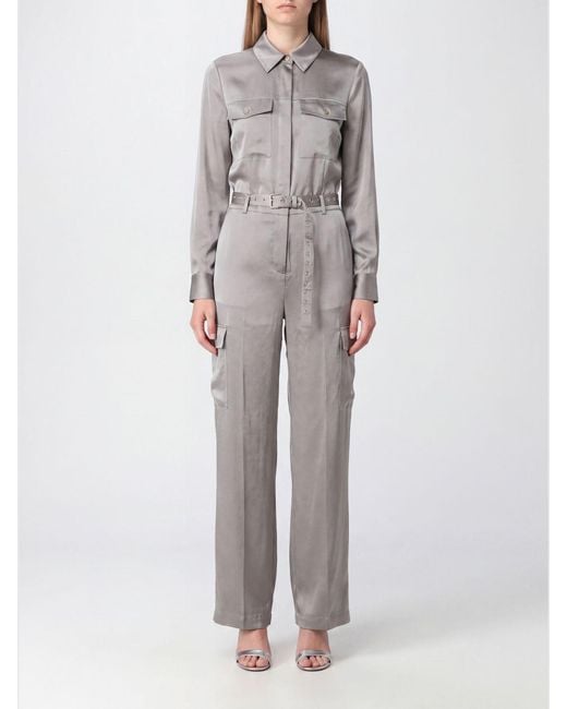 Michael Kors Gray Recycled Fabric Cargo Jumpsuit With Long Sleeves And Adjustable Belt