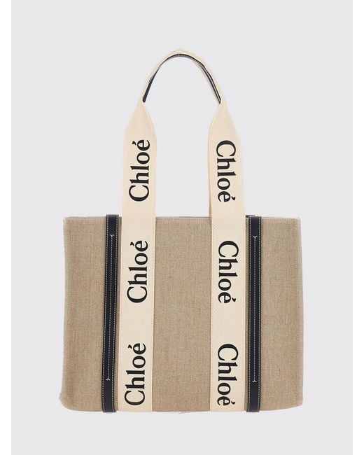Chloé Natural ChloÉ Woody Linen Tote Bag With Printed Logo And Double Handle